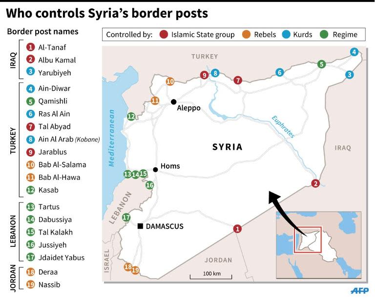 Map of Syria showing which armed factions control border posts