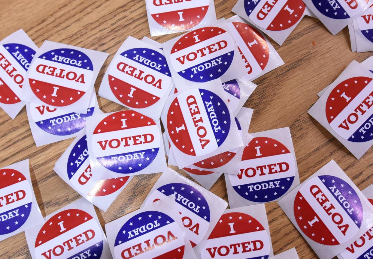 I voted stickers rest on a table at Belville Elementary School in Brunswick County Tuesday Nov. 8, 2016.