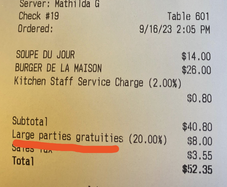 The receipt shows an $8.00 charge for "large parties gratuities" but only two items ordered