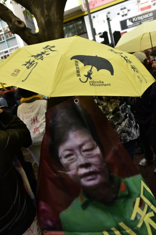 A pro-democracy activist wears a banner emblazoned with new Hong Kong leader Carrie Lam's image at a protest outside the election venue