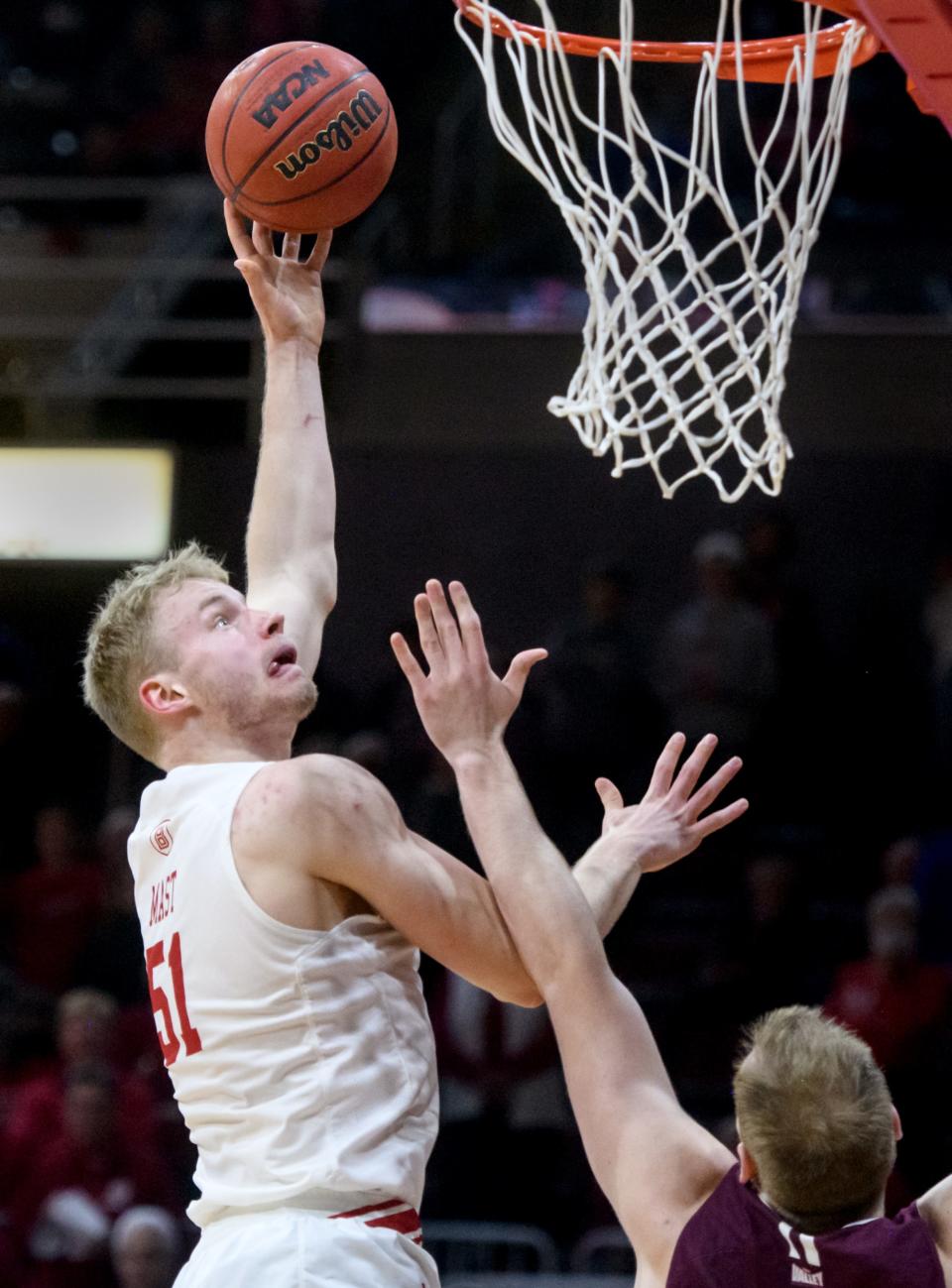 Bradley's Rienk Mast, left, puts up a shot over the Southern Illinois defense in the second half Saturday, Jan 22, 2022 at Carver Arean. Mast led all scorers with 20 points, helping the Braves defeat the Salukis 70-62.