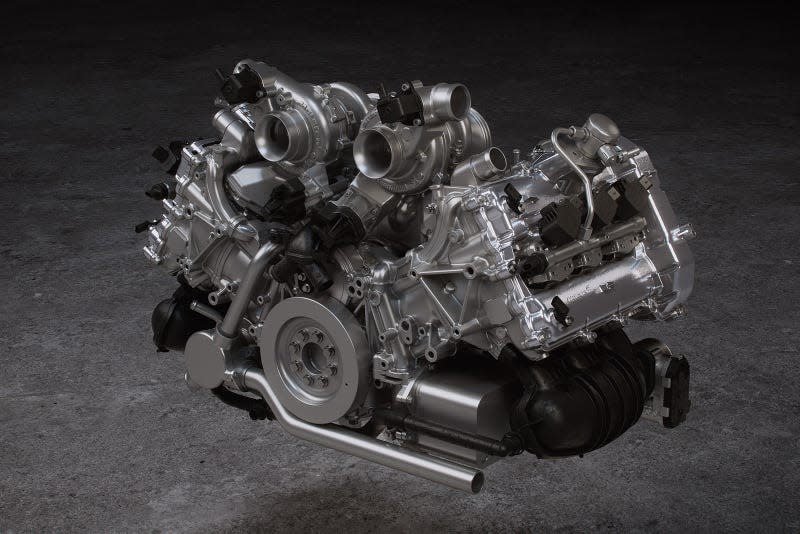 Press image of the three-liter, twin-turbo M630 120-degree V6 from the McLaren Artura
