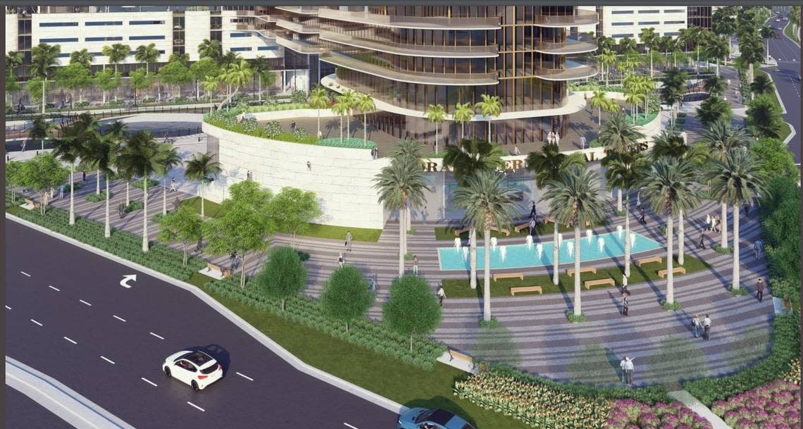 A rendering by PPKS of Doral of the proposed Doral International Towers, a residential and commercial complex on the grounds of former President Donald Trump’s Doral resort.