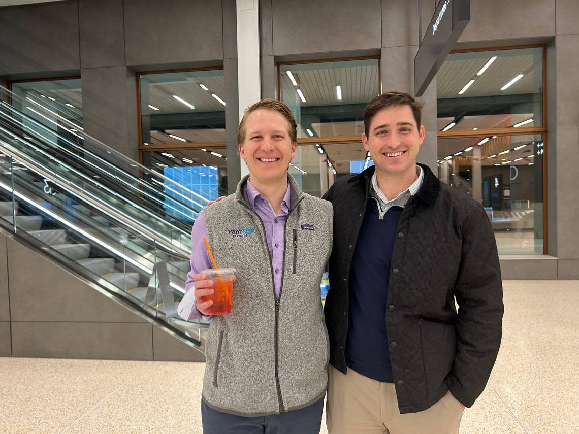 On opening morning at the new KCI terminal, Peter Fields and Fritz Krause, a couple of investors with private equity firm VantEdge, meander through check-in lines and baggage claim conveyor belts, previewing the new terminal and the new Dunkin’ Donuts locations their firm has invested in.