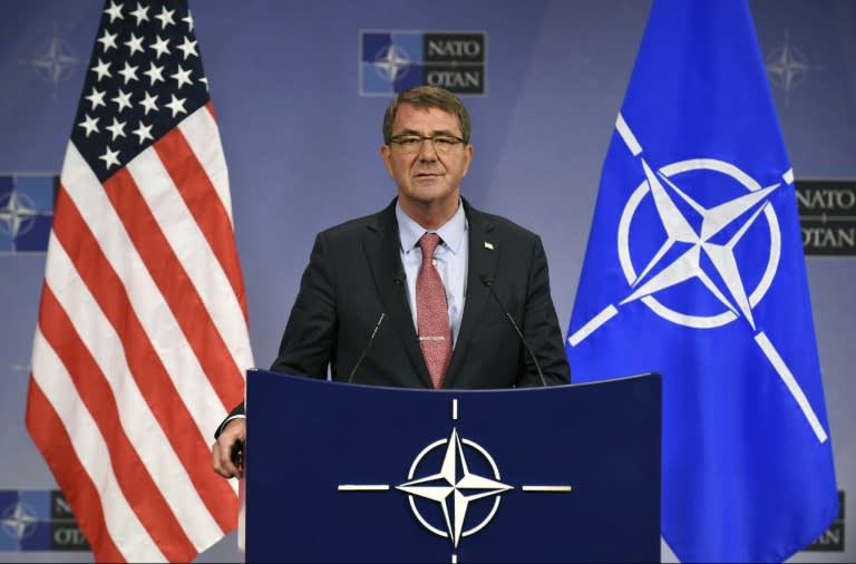 US defense minister Ashton Carter gives a press conference during a defense minister meeting at NATO Headquarters in Brussels on October 8, 2015