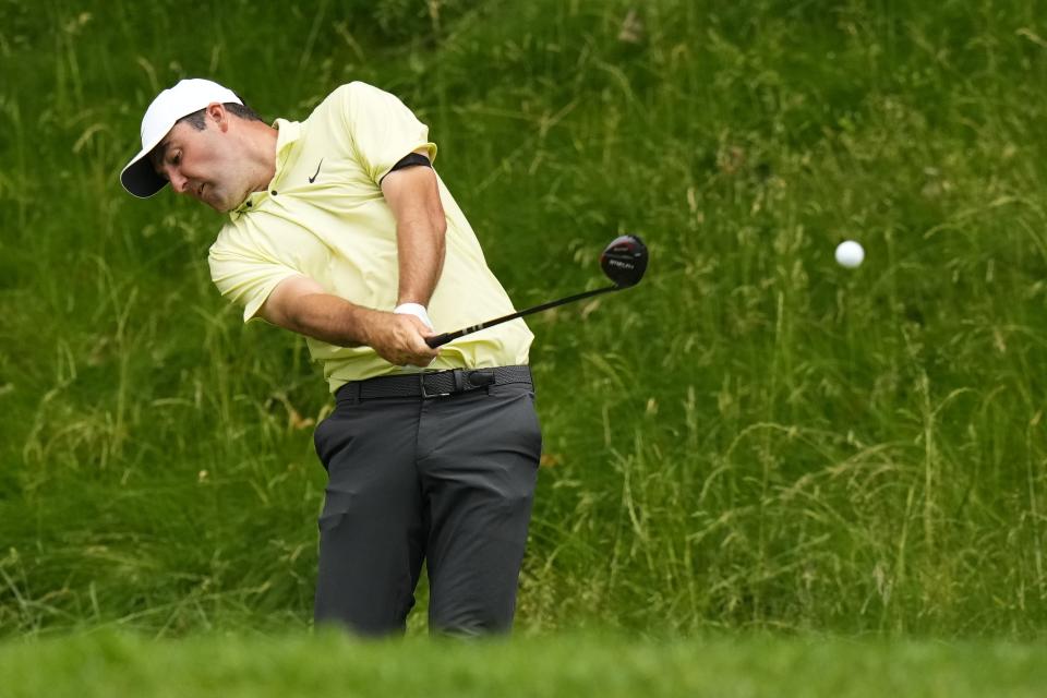 Scottie Scheffler tees off on the 15th hole during the first round of the Travelers Championship golf tournament at TPC River Highlands, Thursday, June 22, 2023, in Cromwell, Conn. (AP Photo/Frank Franklin II)