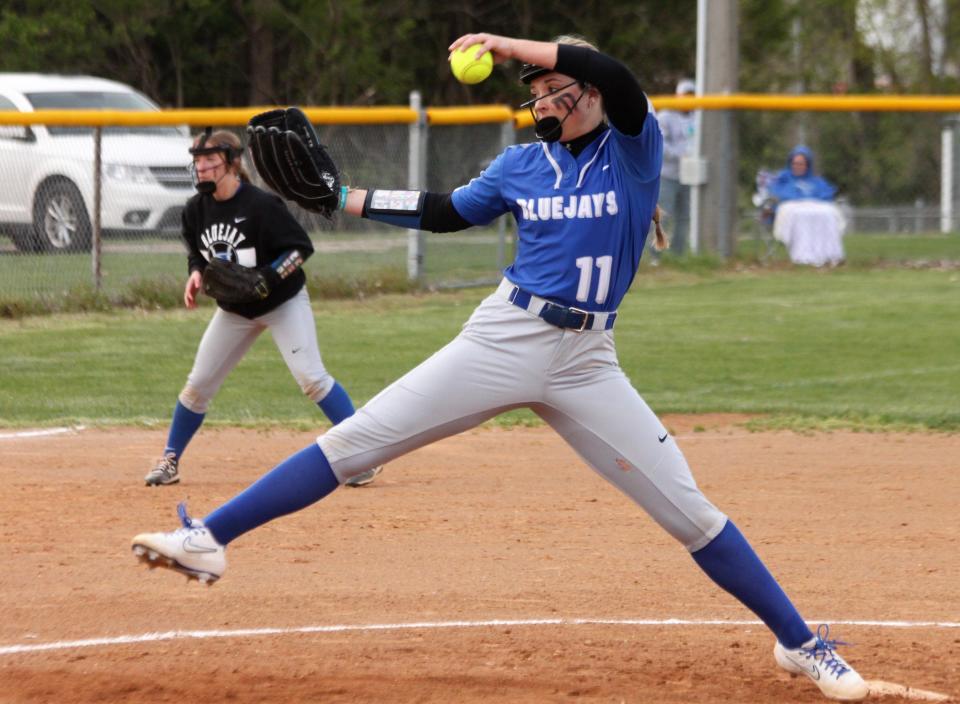 Petersburg PORTA/A-C Central's Gabbie Branson pitches during a nonconference softball game against Rushville-Industry on Monday, April 24, 2023.
