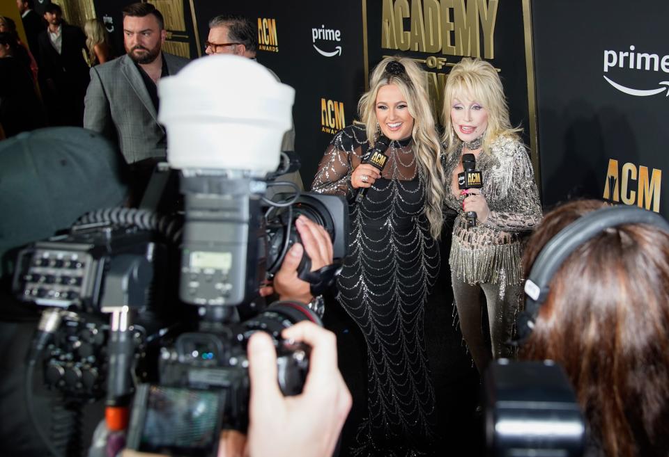 Dolly Parton and Priscilla Block arrive for the 58th ACM Awards show, held at the Ford Center at the Star in Frisco Texas, on  May 11.