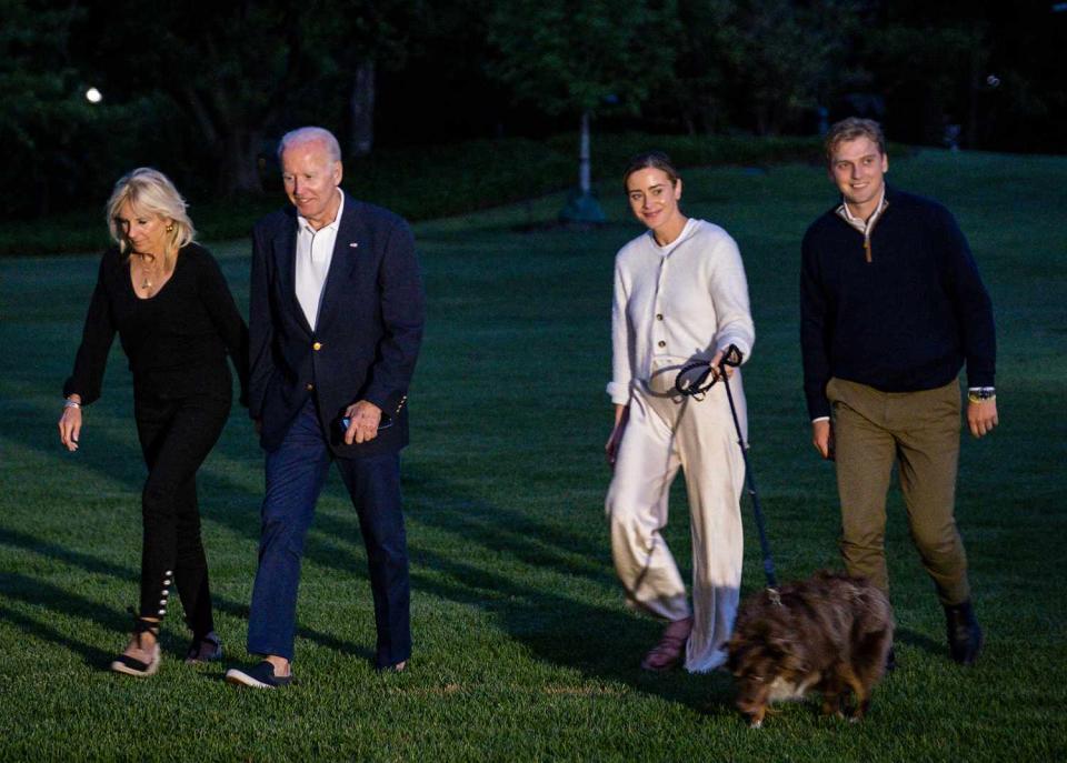 President Joe Biden, First Lady Jill Biden, grandaugher Naomi Biden and fiance Peter Neal walk to the White House from Marine One on June 20, 2022 in Washington, DC. The Bidens are returning from a long weekend in Rohoboth, Delaware