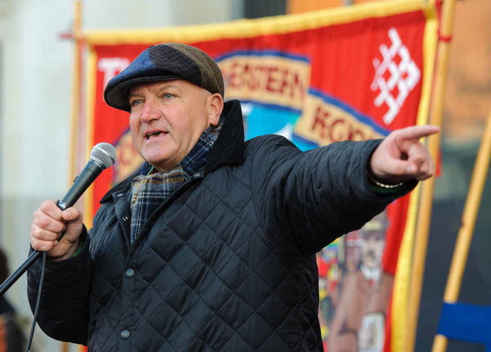 FILE - In this file photo dated Jan. 21, 2013 Bob Crow, general secretary of Rail, Maritime and Transport union speaks in London. Bob Crow, Britain’s best known and most divisive trade union leader, has died age 52, early Tuesday March 11, 2014. (AP Photo/PA, Dominic Lipinski) UNITED KINGDOM OUT NO SALES NO ARCHIVE