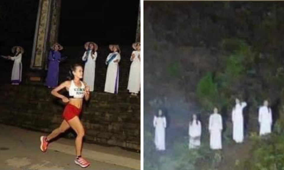 <p>近日在越南一場馬拉松比賽中卻出現「另類加油法」，只見一群女孩站在跑道旁，身著奧黛為選手加油，但在漆黑的夜晚下看上去宛如阿飄。（圖／翻攝自微博）</p> 