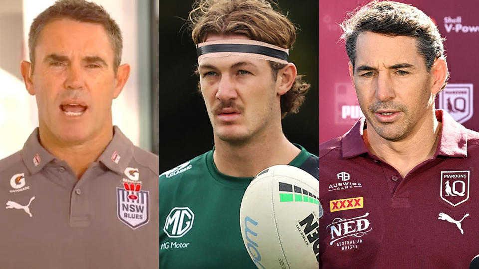 Campbell Graham (centre) was originally picked in Brad Fittler's NSW side to take on the QLD team coached by  Billy Slater (R) in State of Origin Game I. Pic: Nine/Getty