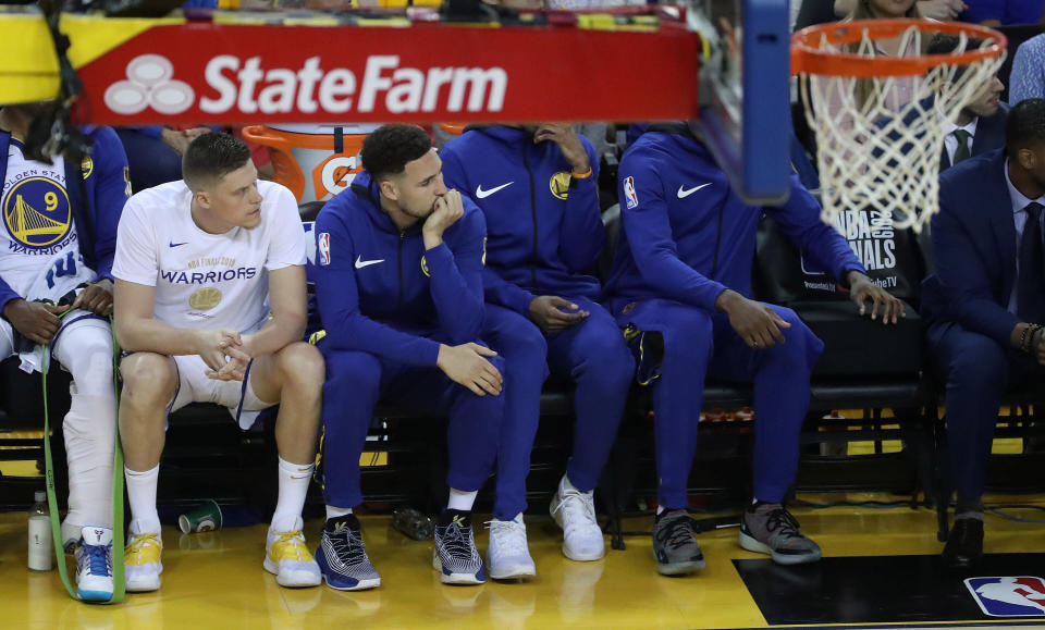 OAKLAND, CA- JUNE 5  - Golden State Warriors guard Klay Thompson (11) watches from the bench  as the Toronto Raptors play the Golden State Warriors in game three of the NBA Finals  at Oracle Arena in Oakland. June 5, 2019.        (Steve Russell/Toronto Star via Getty Images)