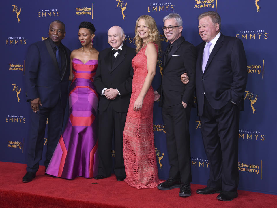 LeVar Burton, from left, Sonequa Martin-Green, Walter Koenig, Jeri Ryan, Alex Kurtzman and William Shatner pose in the press room after accepting the Governors Award for "Star Trek" during night one of the Creative Arts Emmy Awards at The Microsoft Theater on Saturday, Sept. 8, 2018, in Los Angeles. (Photo by Richard Shotwell/Invision/AP)