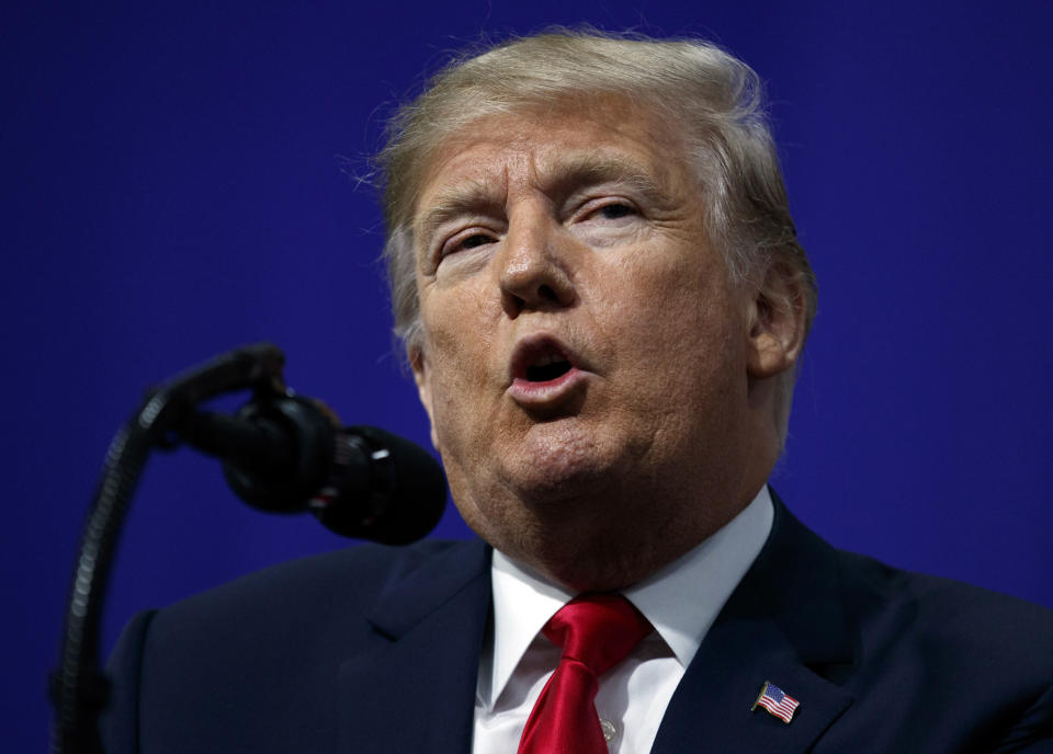 <p> U.S. President Donald Trump speaks at a campaign rally at Atlantic Aviation in Moon Township, Pa., Saturday, March 10, 2018. (AP Photo/Carolyn Kaster) </p>