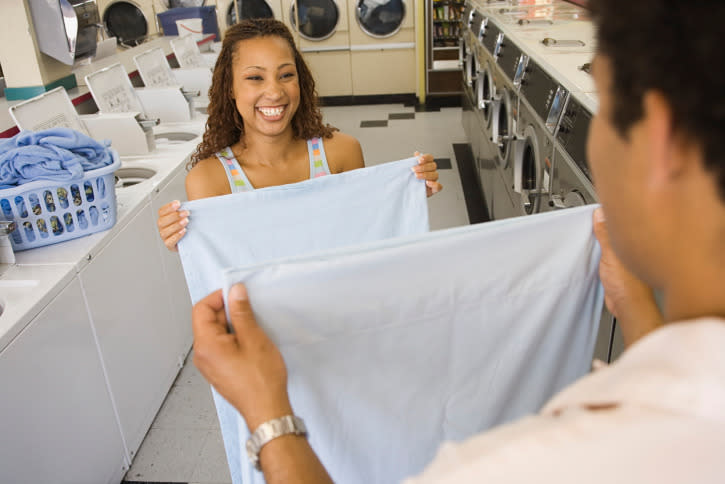 8. Bring your laundry into the bathroom What you need: A dryer sheet (used or new). What it does: Cleans soap scum, water stains, and mineral deposits from your shower door/curtain, bathroom fixtures, mirror, etc. Grab a fresh dryer sheet right out the box or take a used one from your dryer. Sprinkle a few droplets of water on it, and then proceed to clean your shower curtain/door and bathroom fixtures. It’ll lift everything from water stains and soap scum to mineral deposits and light calcium buildups. Credit: Thinkstock