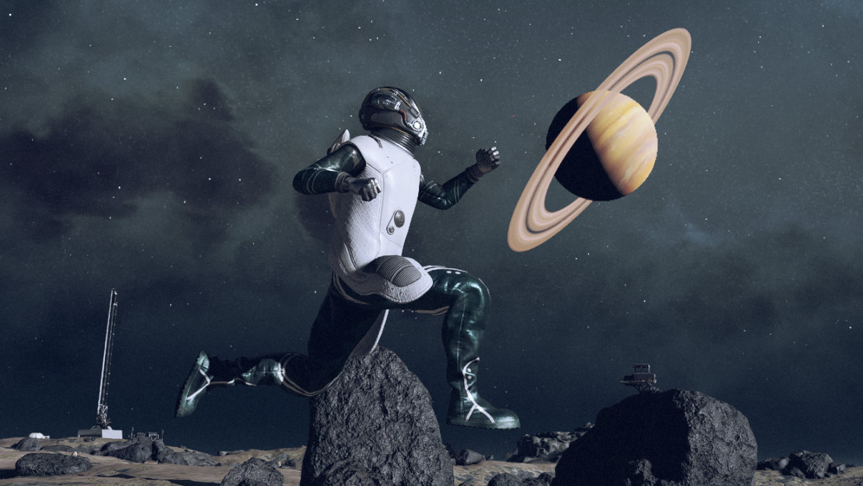  A player leaping into the sky on a barren moon in Starfield. 