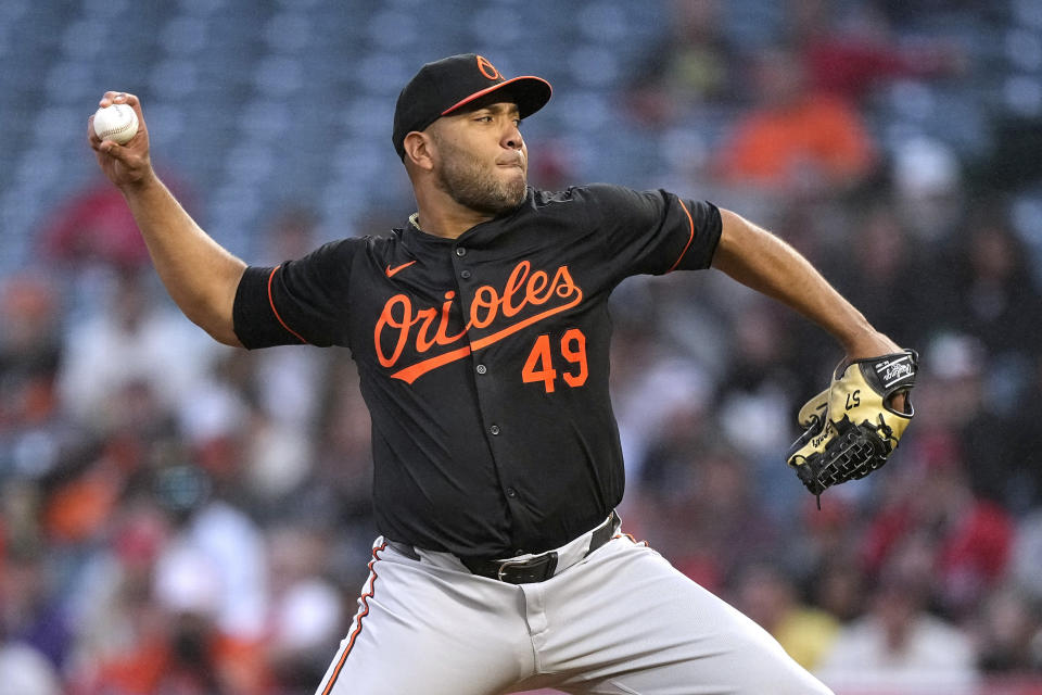 Baltimore Orioles pitcher Albert Suárez throws to the plate during the first inning of a baseball game against the Los Angeles Angels Monday, April 22, 2024, in Anaheim, Calif. (AP Photo/Mark J. Terrill)