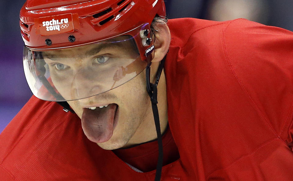 Russia forward Alexander Ovechkin looks to score during a training session at the 2014 Winter Olympics, Monday, Feb. 10, 2014, in Sochi, Russia. (AP Photo/Julie Jacobson)