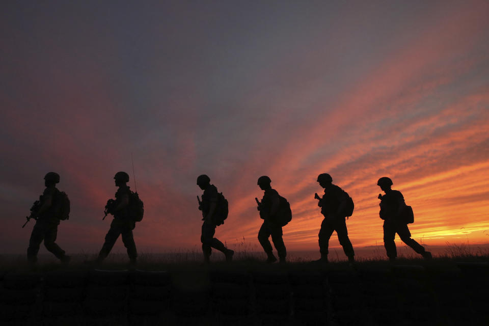 South Korean Marines patrol on Yeonpyeong Island, South Korea, Tuesday, June 16, 2020. North Korea blew up an inter-Korean liaison office building just north of the heavily armed border with South Korea on Tuesday in a carefully choreographed display of anger that sharply raises tensions on the Korean Peninsula and puts pressure on Washington and Seoul amid deadlocked nuclear diplomacy. (Kim In-chul/Yonhap via AP)