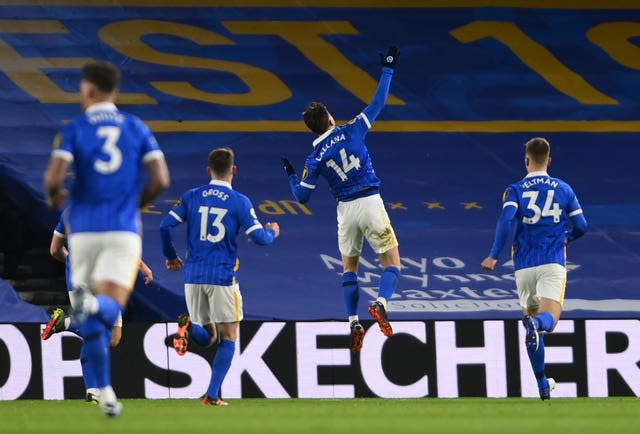 Adam Lallana, centre right, celebrates his first goal for Brighton