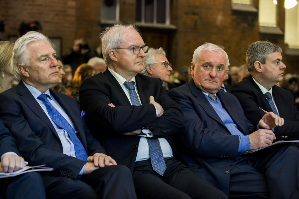 Left to right, Dr Len O’Hagan, Sir Declan Morgan, former taoiseach Bertie Ahern and Martin Frazer listen to EU Brexit negotiator Michel Barnier (Liam McBurney/PA)