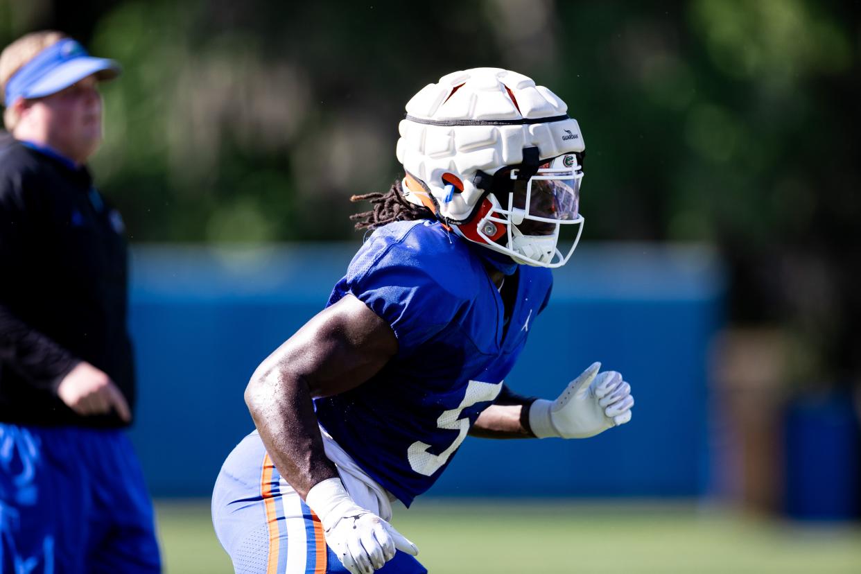 Florida Gators safety Kamari Wilson (5) runs a drill during spring football practice at Sanders Outdoor Practice Fields in Gainesville, FL on Thursday, March 23, 2023. [Matt Pendleton/Gainesville Sun]