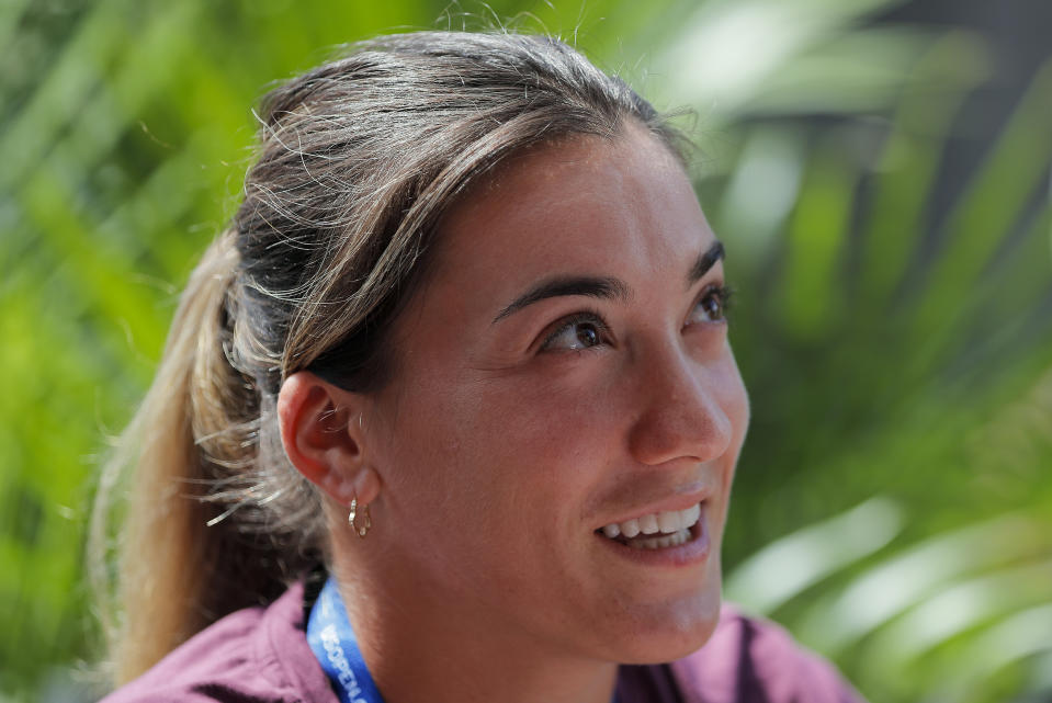 Danka Kovinic, of Montenegro, answers questions during an interview, Friday, Aug. 26, 2022, in New York. Kovinic will play Serena Williams in the first round of the US Open tennis championships on Monday. (AP Photo/Julie Jacobson)