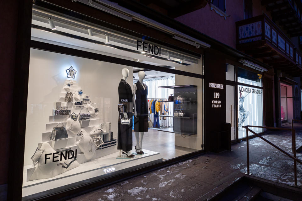 The Fendi windows at multibrand store Franz Kraler in Cortina d'Ampezzo.