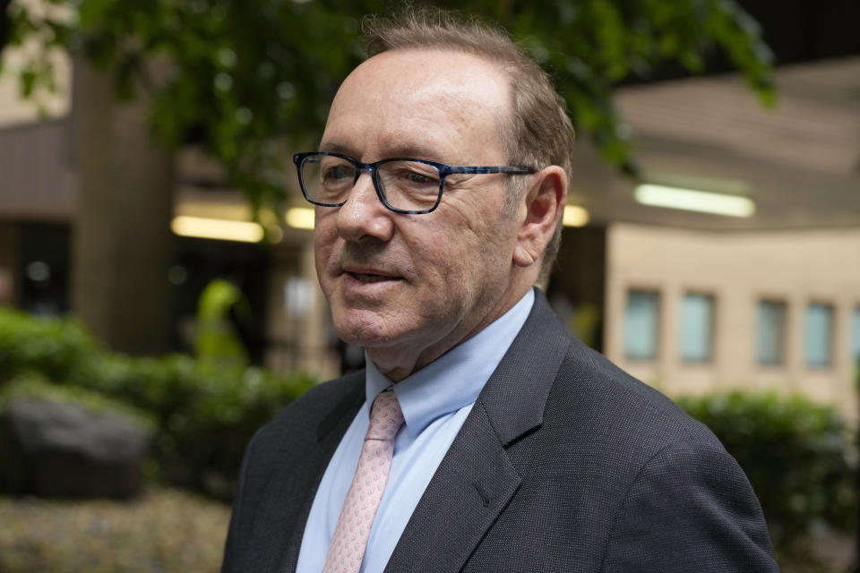 Actor Kevin Spacey leaves Southwark Crown Court in London, Wednesday, June 28, 2023. Spacey is going on trial on charges he sexually assaulted four men as long as two decades ago. The double-Oscar winner faces a dozen charges as his trial begins Wednesday at Southwark Crown Court. Spacey pleads not guilty to all charges .(AP Photo/Frank Augstein)