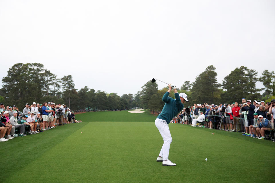 AUGUSTA, GEORGIA – APRIL 9: Justin Thomas of the United States plays his shot from the first tee during a practice round before the 2024 Masters Tournament at Augusta National Golf Club on April 9, 2024 in Augusta, Georgia.  (Photo by Warren Little/Getty Images)
