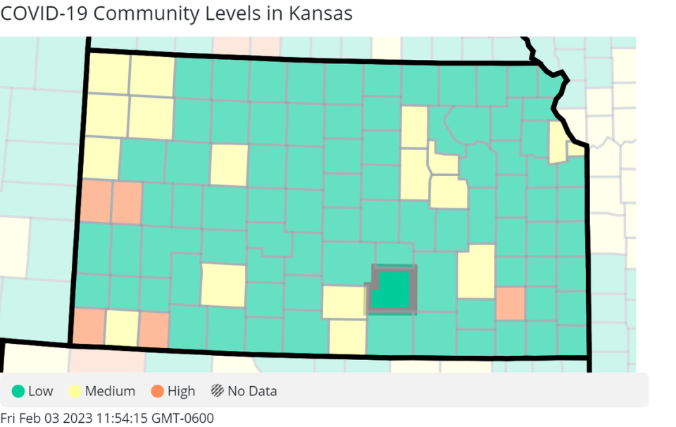 Map of all the Kansas county’s community levels, courtesy of the Centers for Disease Control and Prevention