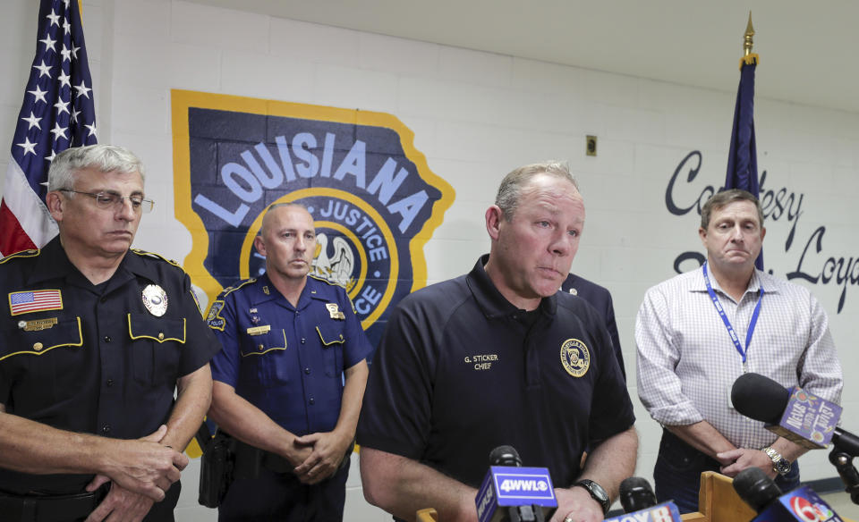 Mandeville Police Chief Gerald Stricker, addressees the media and public, after one of his officers was killed and the other wounded in a shooting, after attempting a traffic stop in Mandeville, La., Friday, Sept. 20, 2019. (David Grunfeld/The Advocate via AP)
