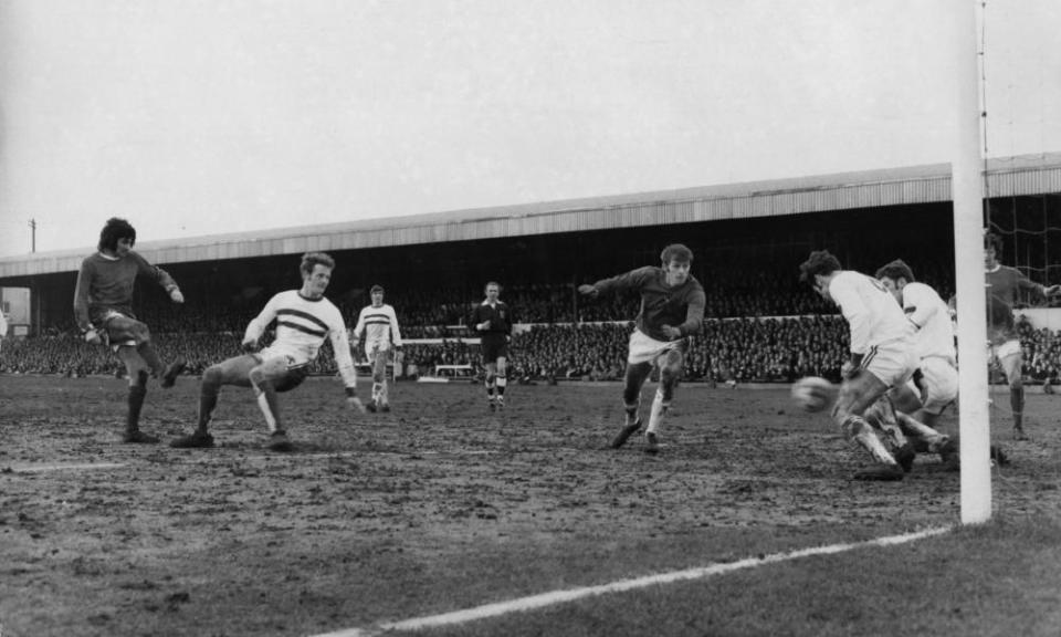 This George Best effort was blocked but from the rebound he scored his third goal in the mud at the County Ground.