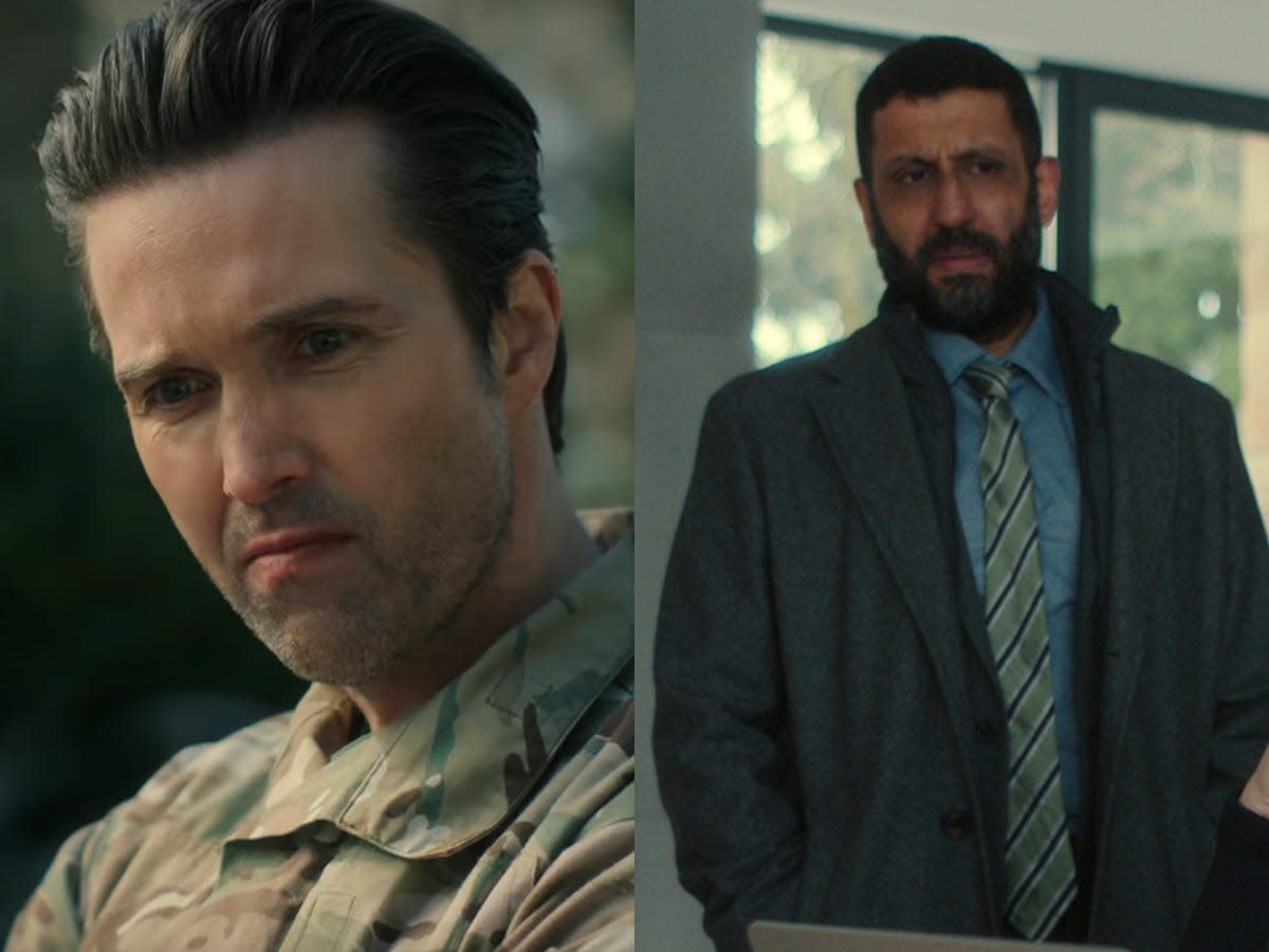 Emmett J. Scanlan as Shane Tessier, and Adeel Akhtar as Detective Sami Kierce in Netflix's "Fool Me Once."