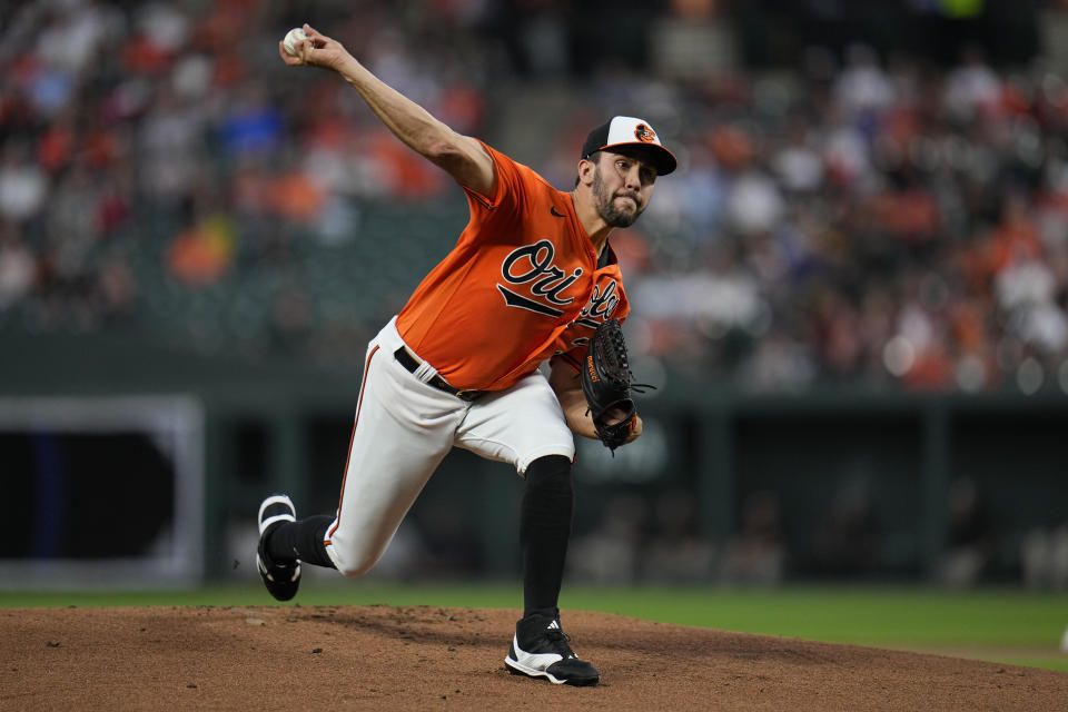 Baltimore Orioles starting pitcher Grayson Rodriguez throws to the Tampa Bay Rays in the first inning of a baseball game, Saturday, Sept. 16, 2023, in Baltimore. (AP Photo/Julio Cortez)