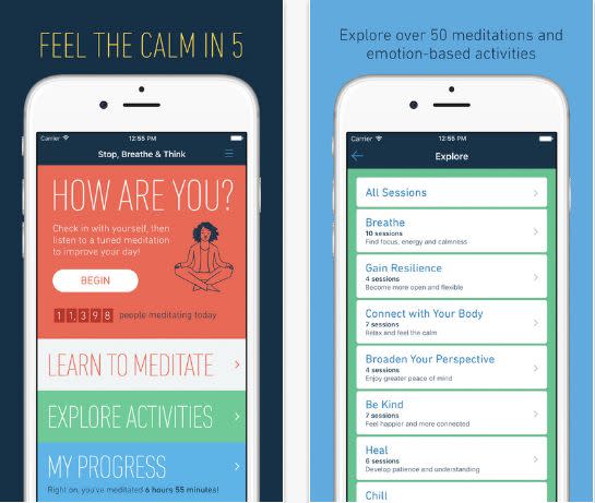 <a href="http://www.stopbreathethink.org/" target="_blank">Stop, Breathe And Think</a> wants you to do just that: Stop what you're doing, check in with your breath and think about how you're feeling in the present moment.&nbsp;<br /><br />By doing so, the app aims&nbsp;to&nbsp;teach&nbsp;you how to observe&nbsp;your thoughts and feelings without passing judgment with the goal of helping you&nbsp;cultivate kindness and self-compassion.&nbsp;<br /><br />Subscribe for $6.99 a month for guided meditations that&nbsp;connect you to your body and emotion. The app works on an iPad, iPhone and Android.