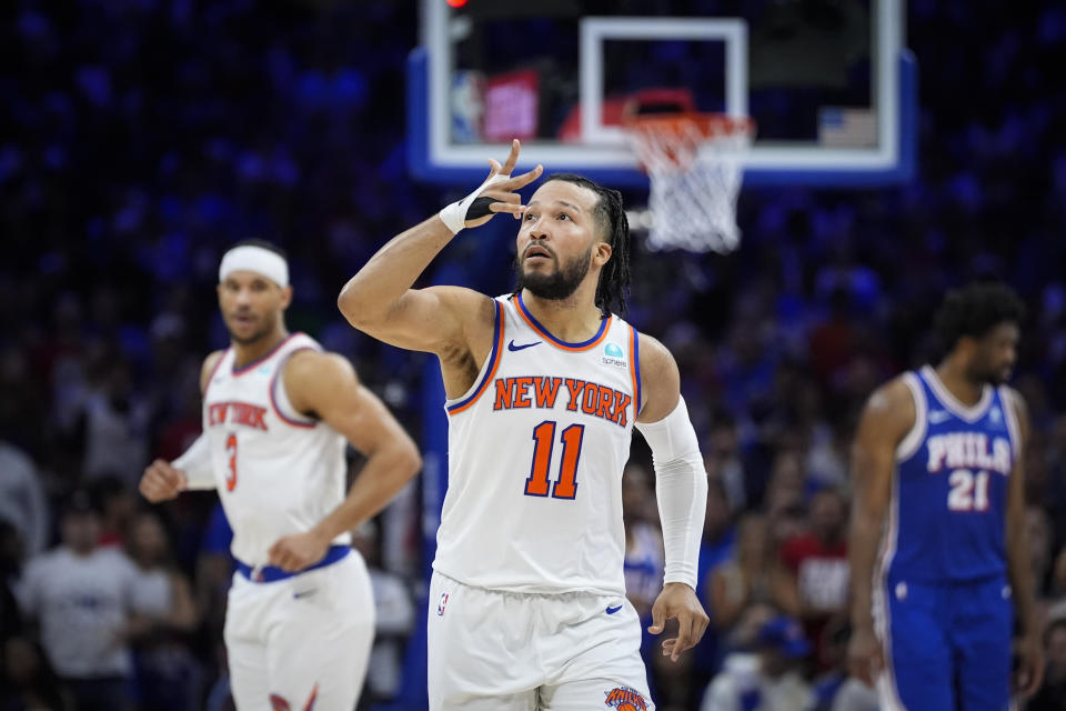 New York Knicks' Jalen Brunson reacts during the second half of Game 6 in an NBA basketball first-round playoff series against the Philadelphia 76ers, Thursday, May 2, 2024, in Philadelphia. (AP Photo/Matt Slocum)
