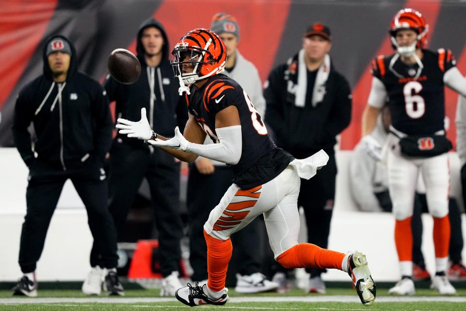 Cincinnati Bengals wide receiver Tyler Boyd made a 32-yard catch in the fourth quarter against the Bills that helped the Bengals put the game away. He got wide open with a great route.