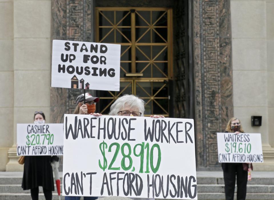 Advocates for low-wage workers demonstrated at City Hall in downtown Columbus on Thursday, May 28, 2020, calling for more affordable housing and assistance for those facing eviction due to the coronavirus pandemic. [Barbara J. Perenic/Dispatch] ORG XMIT: 159890 (Via OlyDrop)