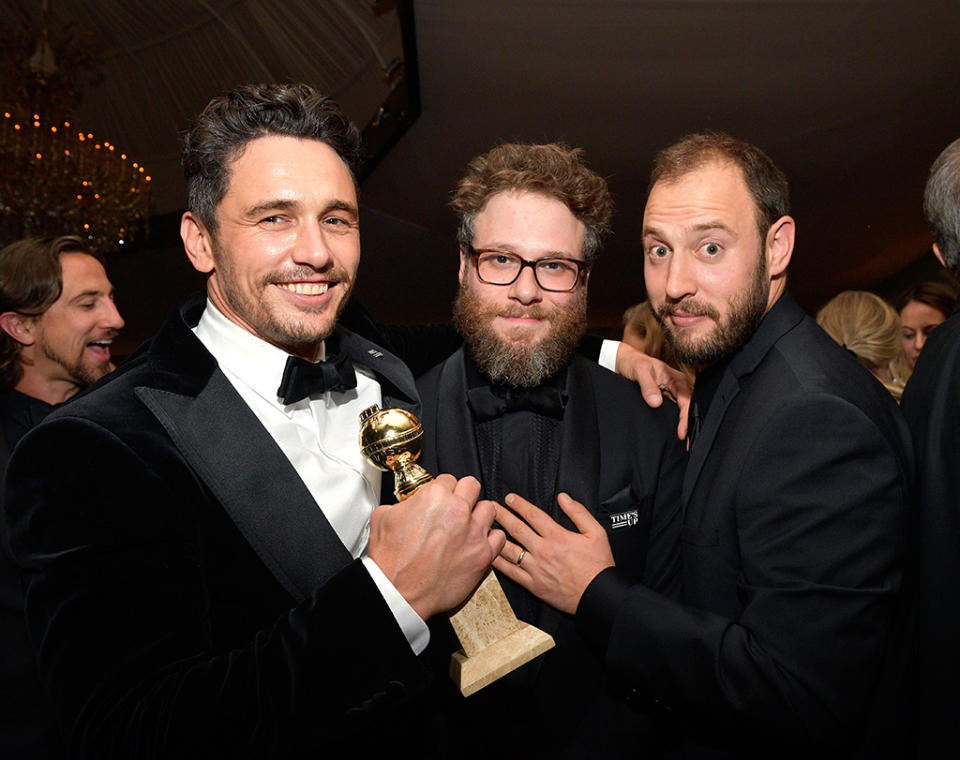 <p>James Franco, Seth Rogen, and screenwriter Evan Goldberg attend the 2018 InStyle and Warner Bros. party at the Beverly Hilton Hotel. (Photo: Matt Winkelmeyer/Getty Images for InStyle) </p>