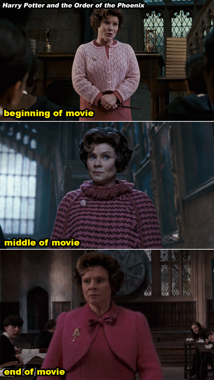 Three stills of Dolores Umbridge from Harry Potter, depicting her outfit's evolving darker pink shades through the film