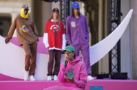 Italian rapper Ghali speaks during the presentation of the Benetton women's and men's Spring Summer 2022 collection, unveiled during the Milan Fashion Week, in Milan, Italy, Tuesday, Sept. 21, 2021. Ghali is a new brand ambassador for the Spring Summer 2022 collection. (AP Photo/Antonio Calanni)