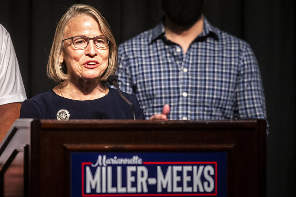 Republican state Sen. Mariannette Miller-Meeks speaks to reporters during an election night watch party, early Wednesday, Nov. 4, 2020, in Riverside, Iowa. Miller-Meeks is running for the seat in the state's 2nd Congressional District. (Joseph Cress/Iowa City Press-Citizen via AP)