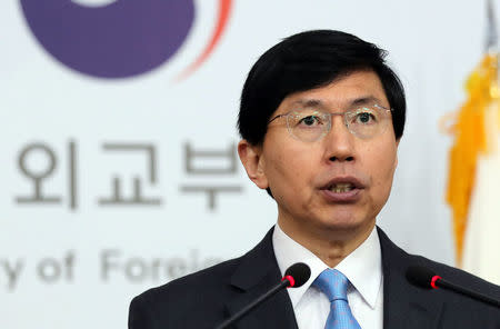 South Korea's foreign ministry spokesman Cho June-hyuck speaks during a news conference on North Korea's missile launch at the Foreign Ministry in Seoul, South Korea, February 12, 2017. Yonhap via REUTERS
