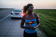 <p>Claressa “T-Rex” Shields, 20, stops along the highway somewhere in Kansas, June 2015. She is driving from her hometown of Flint, MIch., to the Olympic Training Center in Colorado Springs, Colo., where she is moving. Its the first time she has ever lived outside of Flint. (Photograph by Zackary Canepari) </p>