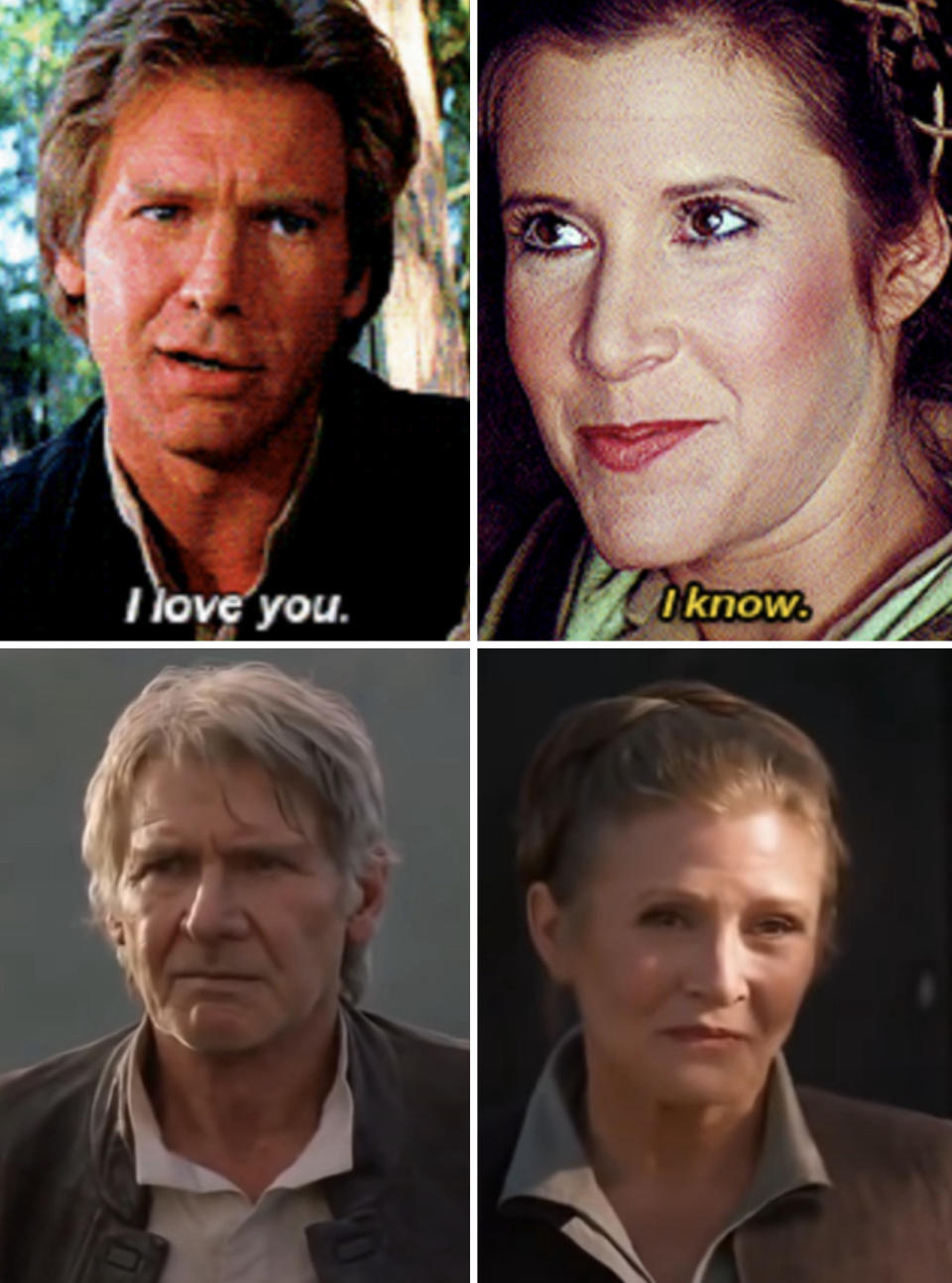 Carrie Fisher and Harrison Ford in "Return of the Jedi" vs. "The Force Awakens"