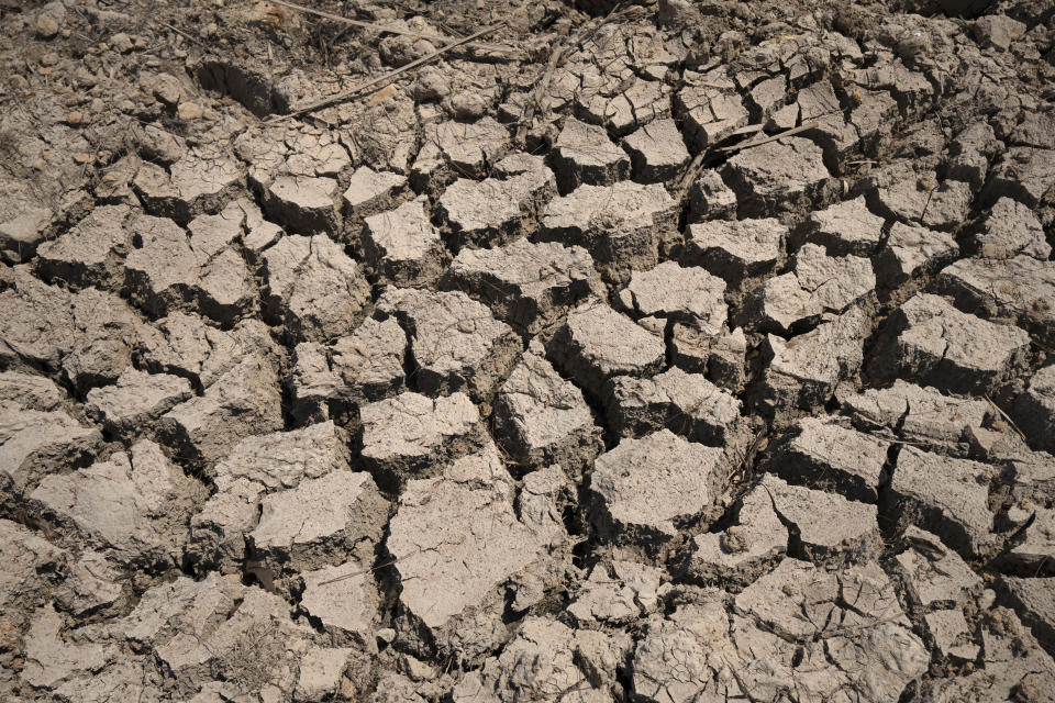Cracked dry mud is seen in a community reservoir that ran nearly empty after its retaining wall started to leak and hot weather and drought conditions accelerated the loss of water, in Longquan village in southwestern China's Chongqing Municipality, Saturday, Aug. 20, 2022. Drought conditions across a swathe of China from the densely populated east across central farming provinces into eastern Tibet have "significantly increased," the national weather agency said Saturday. The forecast called for no rain and high temperatures for at least three more days from Jiangsu and Anhui provinces northwest of Shanghai, through Chongqing and Sichuan in the southwest to the eastern part of Tibet. (AP Photo/Mark Schiefelbein)
