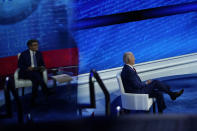 Democratic presidential candidate former Vice President Joe Biden participates in a town hall with moderator ABC News anchor George Stephanopoulos, seen reflected at left, at the National Constitution Center in Philadelphia, Thursday, Oct. 15, 2020. (AP Photo/Carolyn Kaster)