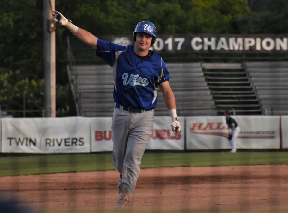 Will Shannon from Hillsdale College rounds the bases at Veterans Memorial Park Thursday after homering for the Utica Blue Sox against the Mohawk Valley DiamondDawgs.